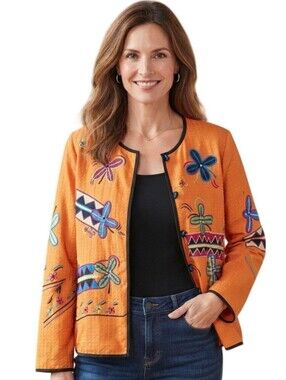 Indigo Moon Vintage Mixed Media Embroidered Patch Jacket Art To Wear Size M